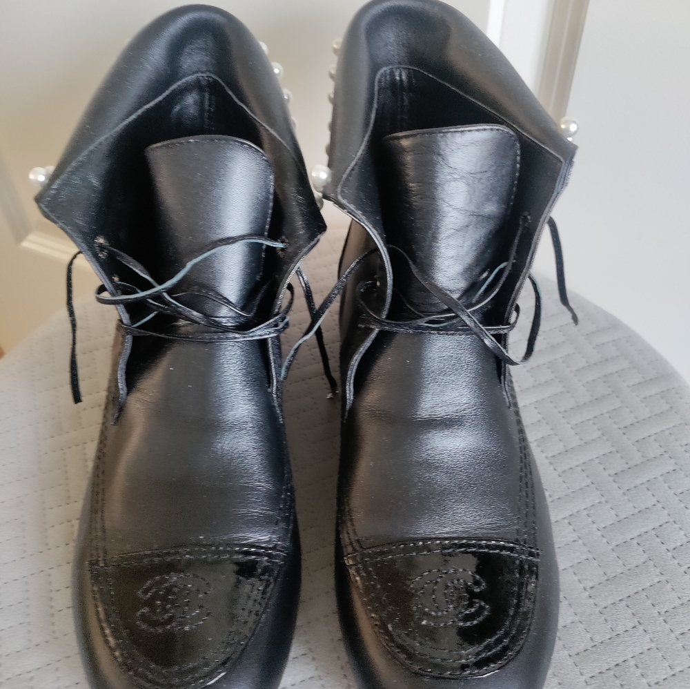 CC Logo Black Booties With White Pearls.